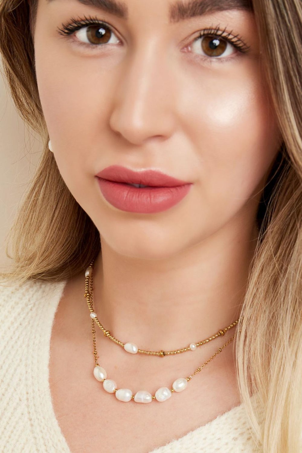 Halskette sechs Perlen in einer Reihe Goldfarbe Edelstahl h5Bild2